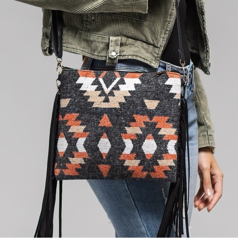 Western Print Faux Suede Fringe Crossbody Bag NWT